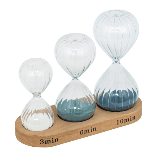 Glass Decorative Hourglass Set 3, 6, & 10 Minute Timers on Wooden Base